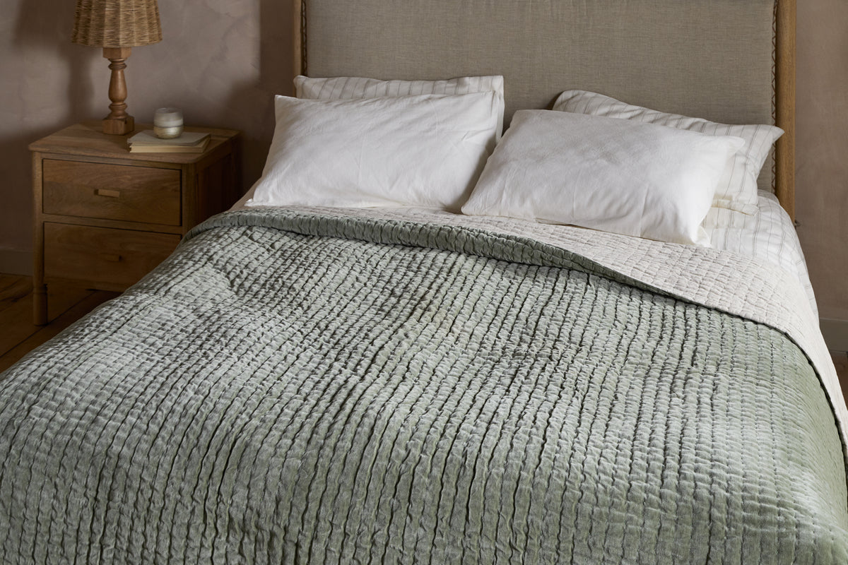 Nidra Velvet & Linen Bed Quilt - Sage Green