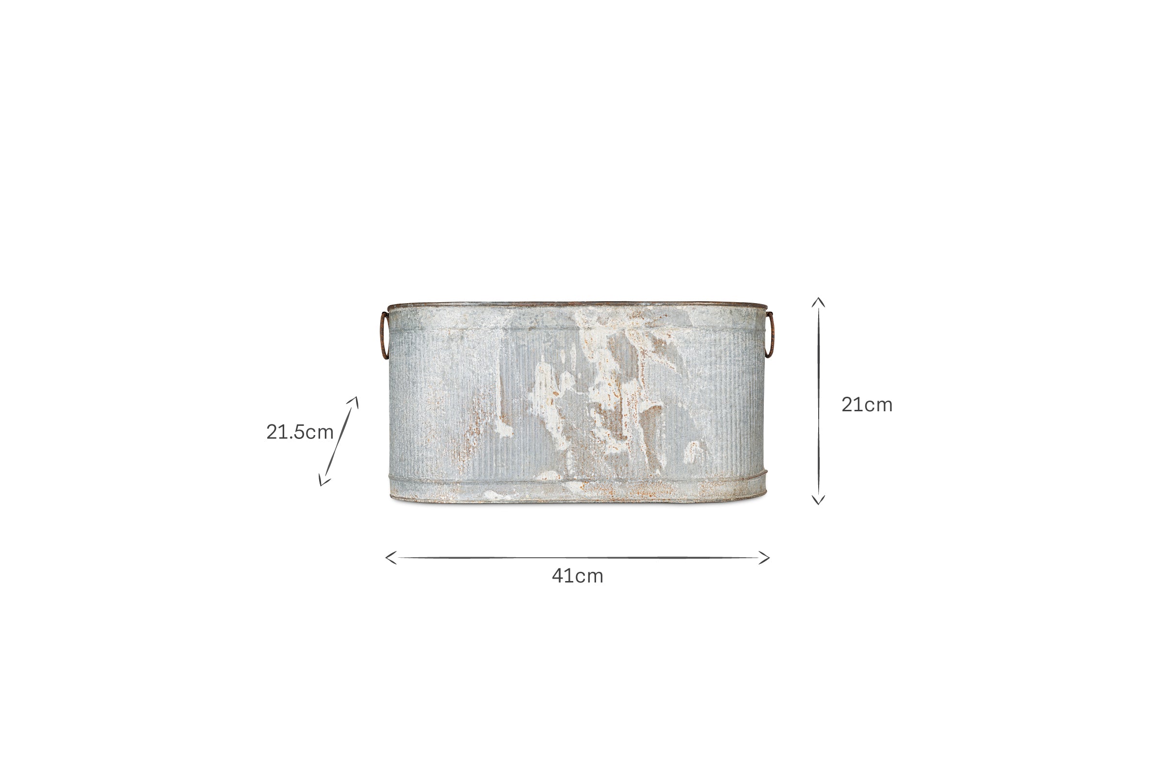 The Akasa Trough Planter - Zinc by nkuku is an oval, distressed metal tub with rust spots, peeling paint, and two small side handles. It measures 41 cm wide, 21 cm high (handle height 21.5 cm), shown on a plain white background.