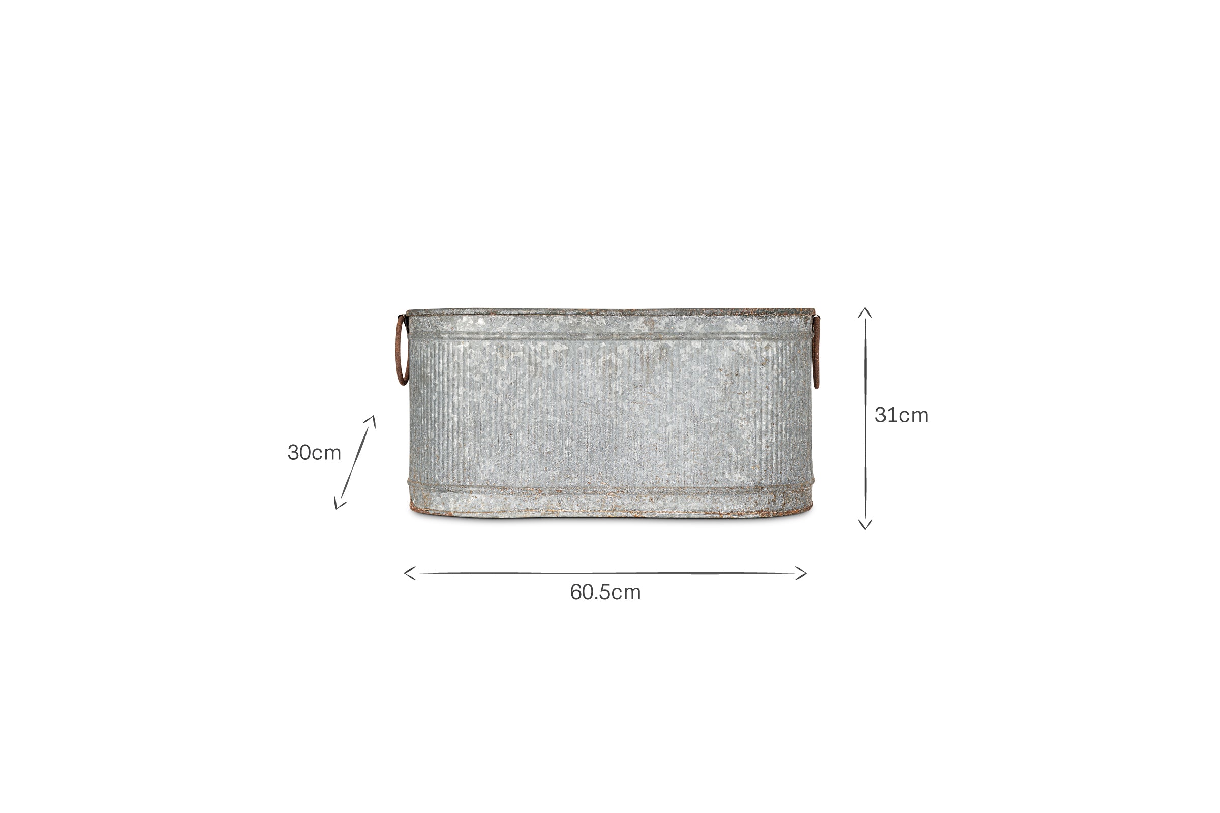 The Akasa Trough Planter by nkuku features a galvanized zinc oval design with ribbed texture, two round side handles, and a weathered finish. One side measures 30 cm tall, the other 31 cm, with an overall width of 60.5 cm against a white background.