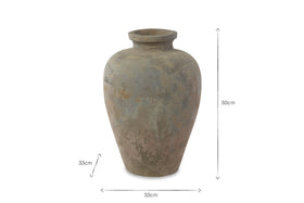 The Affiti Clay Tapered Pot - Small by nkuku is a frost-proof, handmade urn-shaped pot shown against a white background. Dimensions are annotated with arrows: 50 cm tall and 33 cm wide at its widest point.