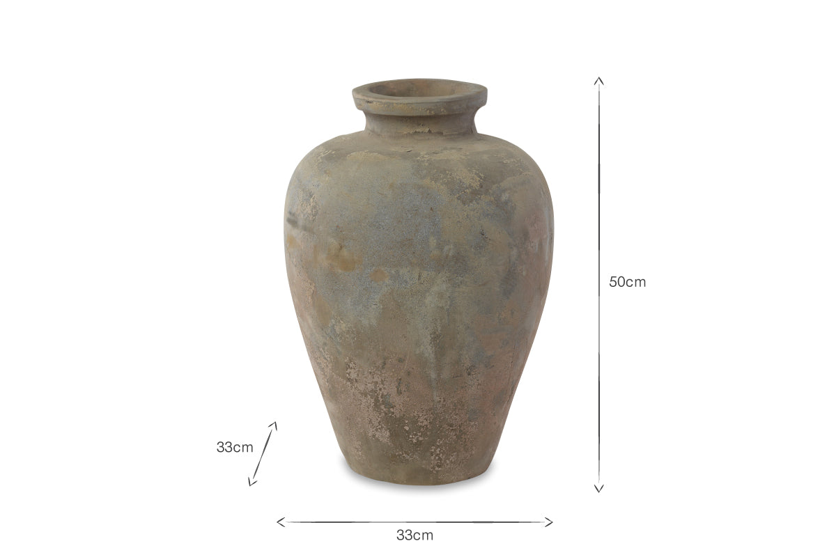The Affiti Clay Tapered Pot - Small by nkuku is a frost-proof, handmade urn-shaped pot shown against a white background. Dimensions are annotated with arrows: 50 cm tall and 33 cm wide at its widest point.