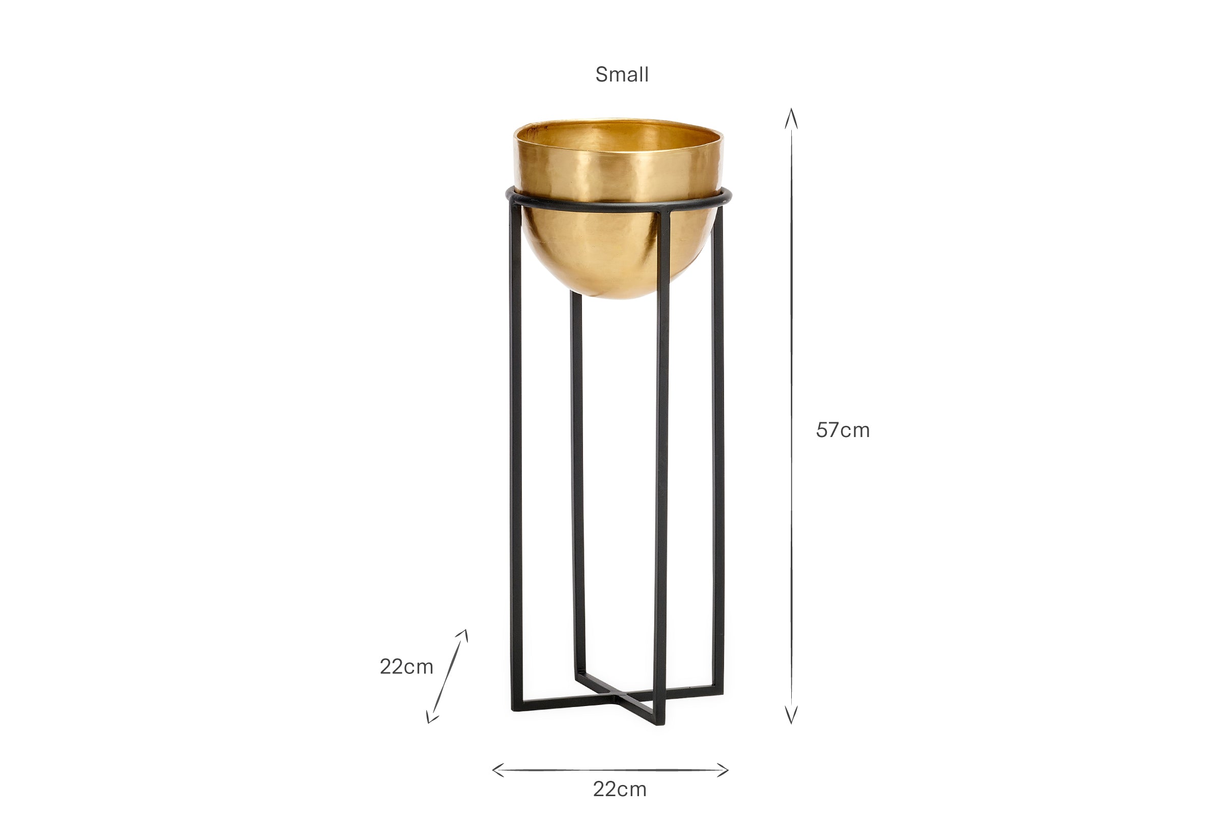 The nkuku Atsu Brass Planter Stand features a small gold brass bowl atop a tall black geometric metal stand, ideal for stylish planting. The planter stands 57 cm high with a 22 cm diameter bowl near the top.