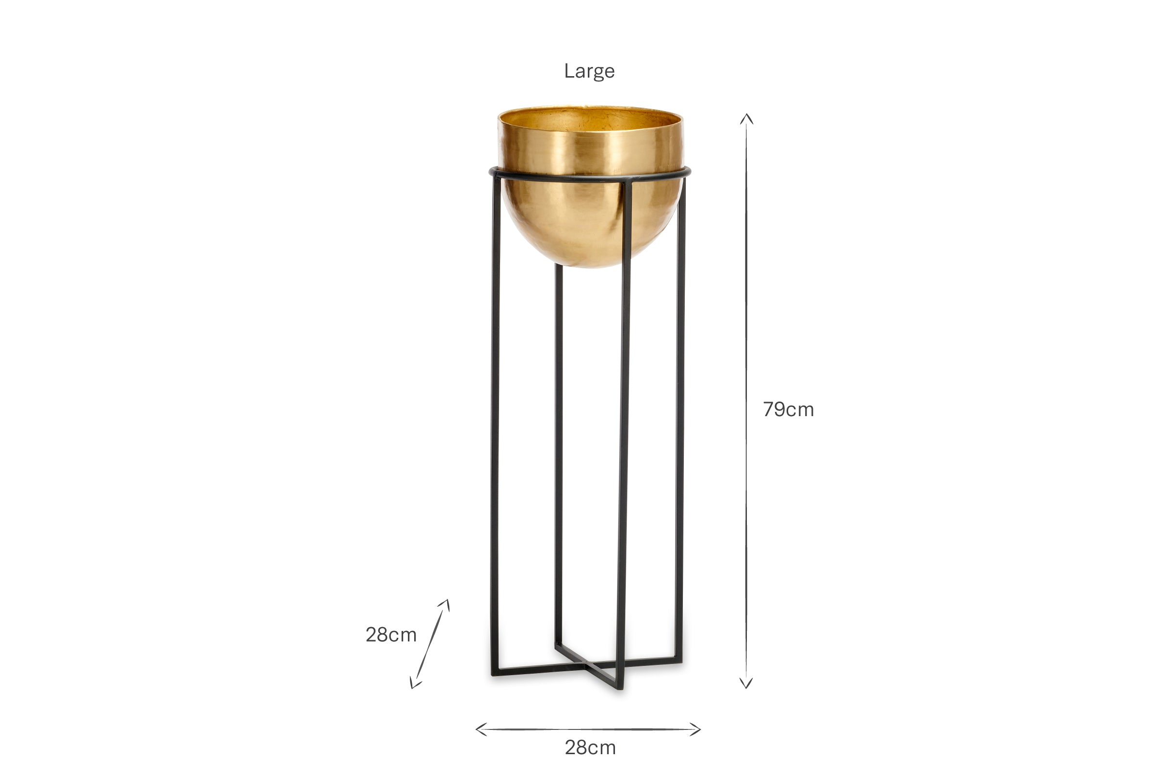 The Atsu Brass Planter Stand by nkuku features a large brass bowl in a minimalist black stand. Its square base is 28cm, height 79cm, and bowl depth 28cm—ideal for stylish planting. Displayed on a white background.