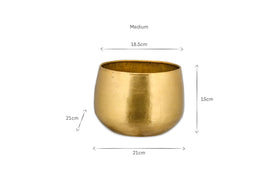 The nkuku Atsu Brass Planter is a stylish, round planter with a shiny brass finish. It measures 21 cm in diameter and height, has an 18.5 cm opening, and is displayed on a white background with black arrows and labels showing its size.