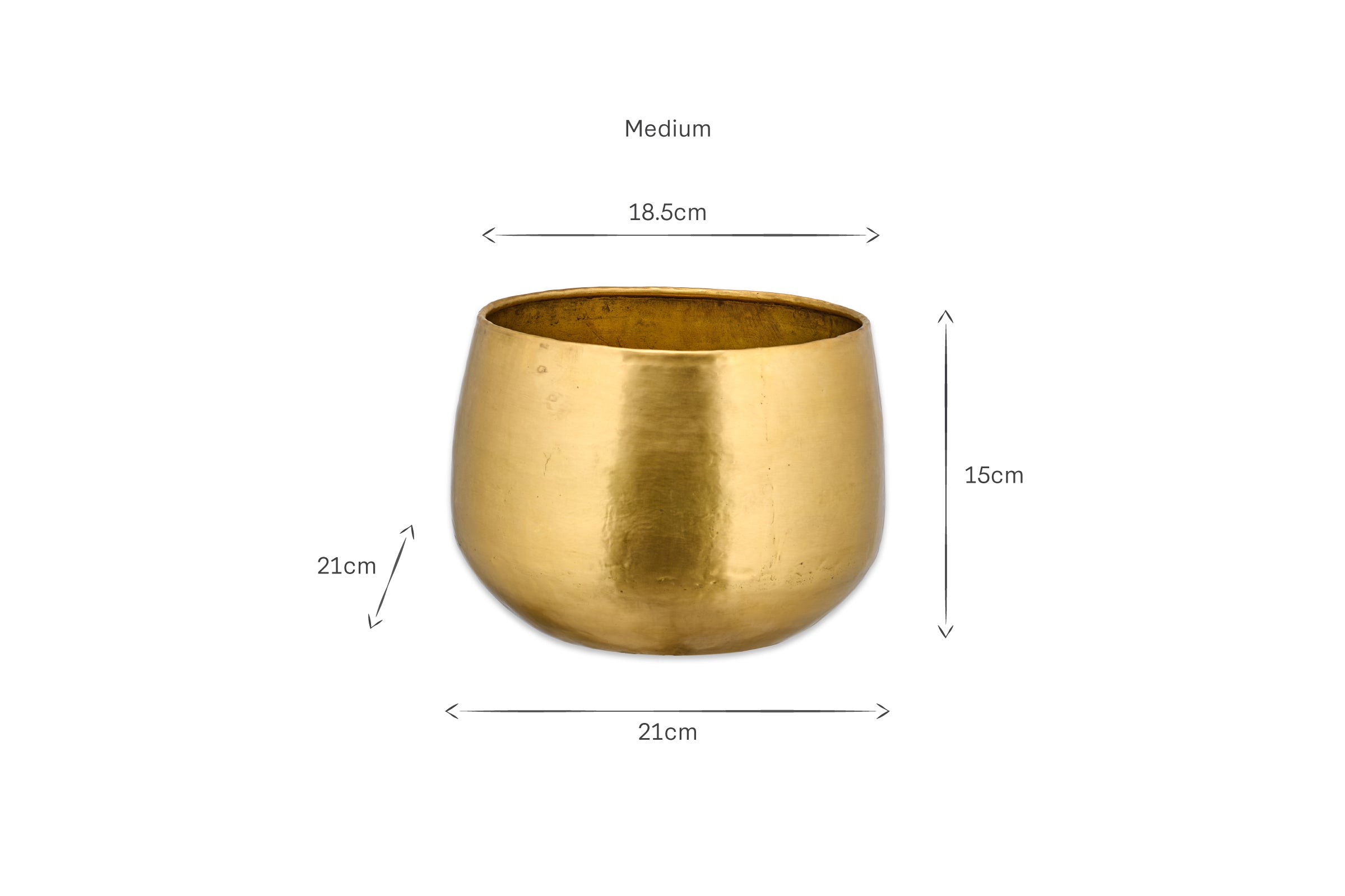 The nkuku Atsu Brass Planter is a stylish, round planter with a shiny brass finish. It measures 21 cm in diameter and height, has an 18.5 cm opening, and is displayed on a white background with black arrows and labels showing its size.