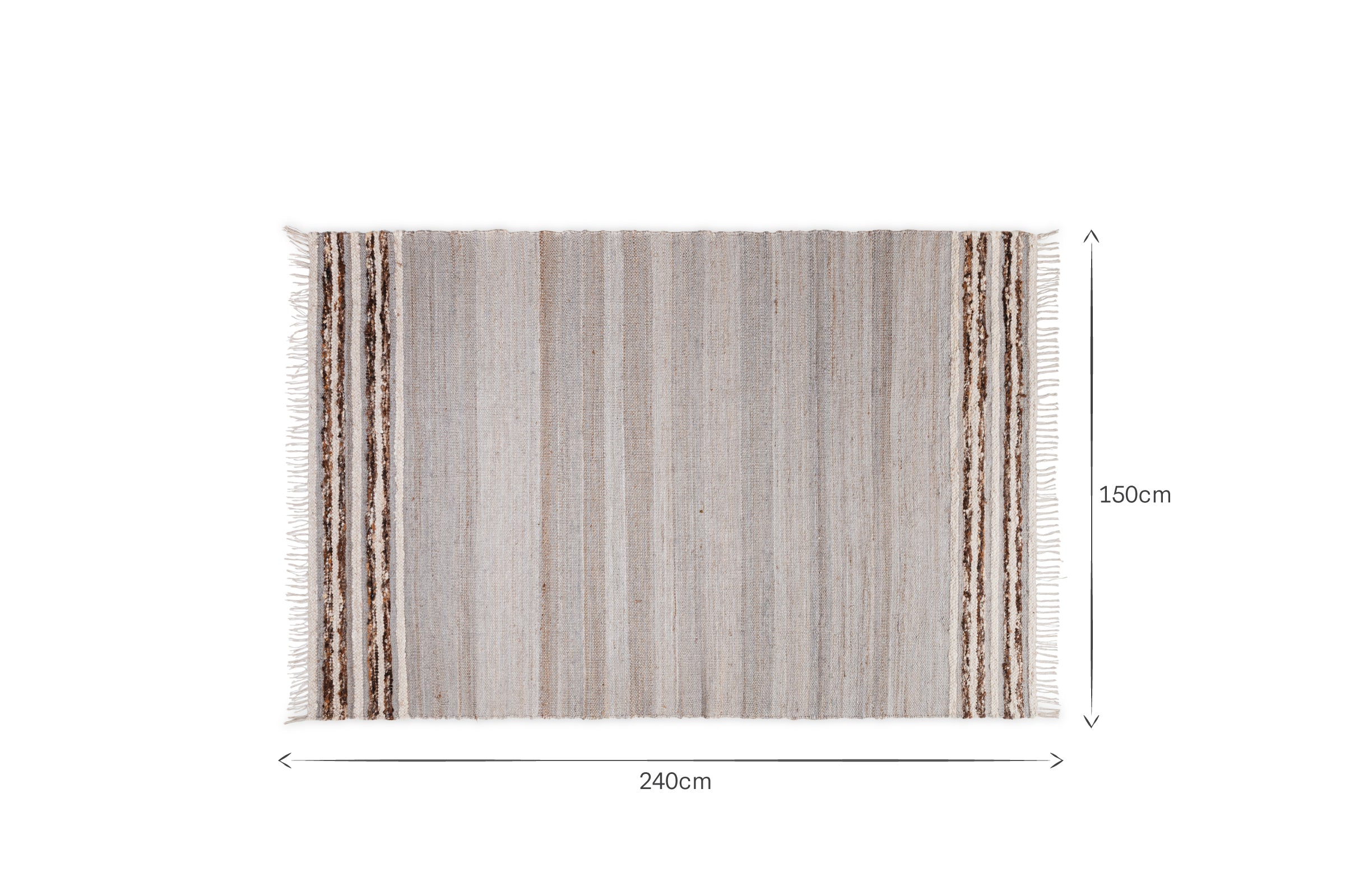 The nkuku Aadita Jute & Wool Rug - Grey is rectangular with fringed edges, subtle vertical stripes, and darker patterned side bands. It measures 240 cm wide by 150 cm tall, as shown by labeled arrows along the rug’s edges.