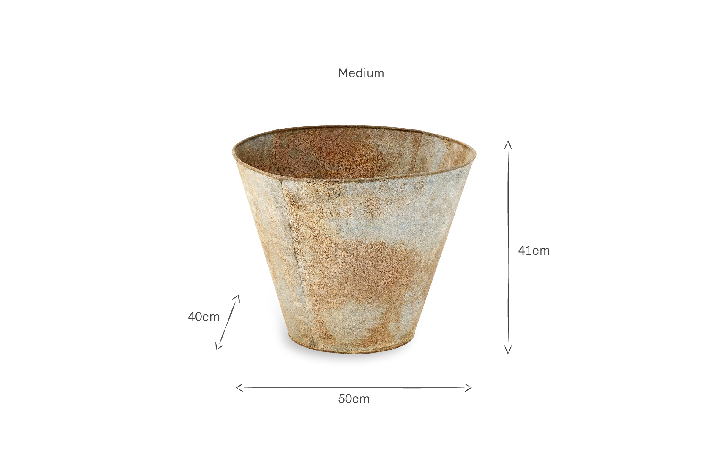 The nkuku Abari Tapered Planter features an aged zinc finish and flares outward from a small base. Labeled “Medium,” it measures 41cm high by 50cm wide at the top, with arrows marking its dimensions.