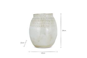The Anjuna Reactive Glaze Ceramic Vase by nkuku features a round, off-white ceramic body with textured detail near the top, a glossy gradient finish, and measures 24 cm tall by 22 cm wide. Measurement arrows shown.