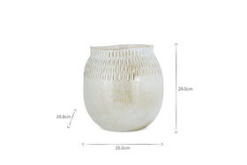 The Anjuna Reactive Glaze Ceramic Vase by nkuku features a round, textured design in off white, measuring 29.5 cm tall and 25.5 cm wide with a tapered neck and subtle speckled glaze. Measurement arrows indicate scale.