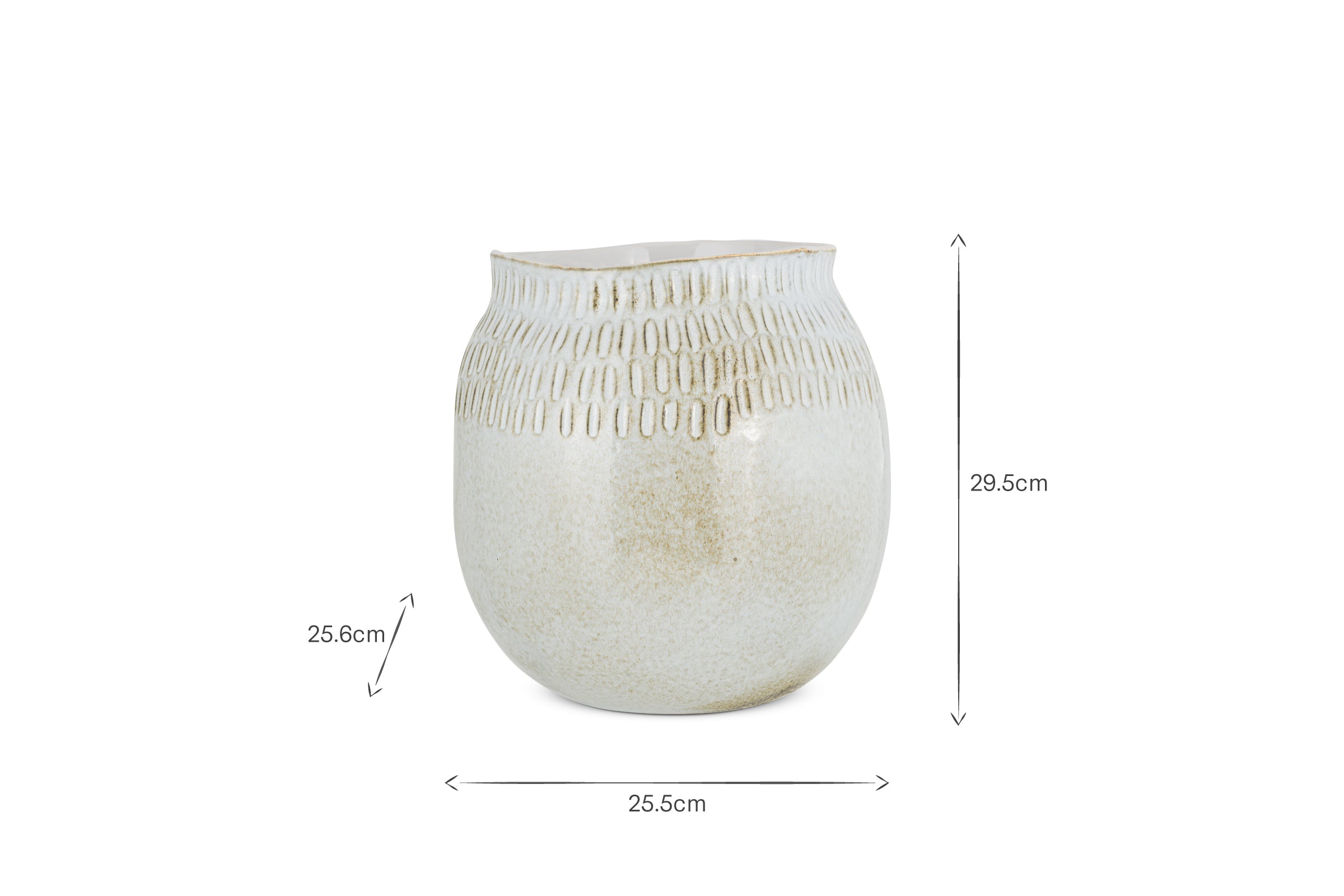 The Anjuna Reactive Glaze Ceramic Vase by nkuku features a round, textured design in off white, measuring 29.5 cm tall and 25.5 cm wide with a tapered neck and subtle speckled glaze. Measurement arrows indicate scale.