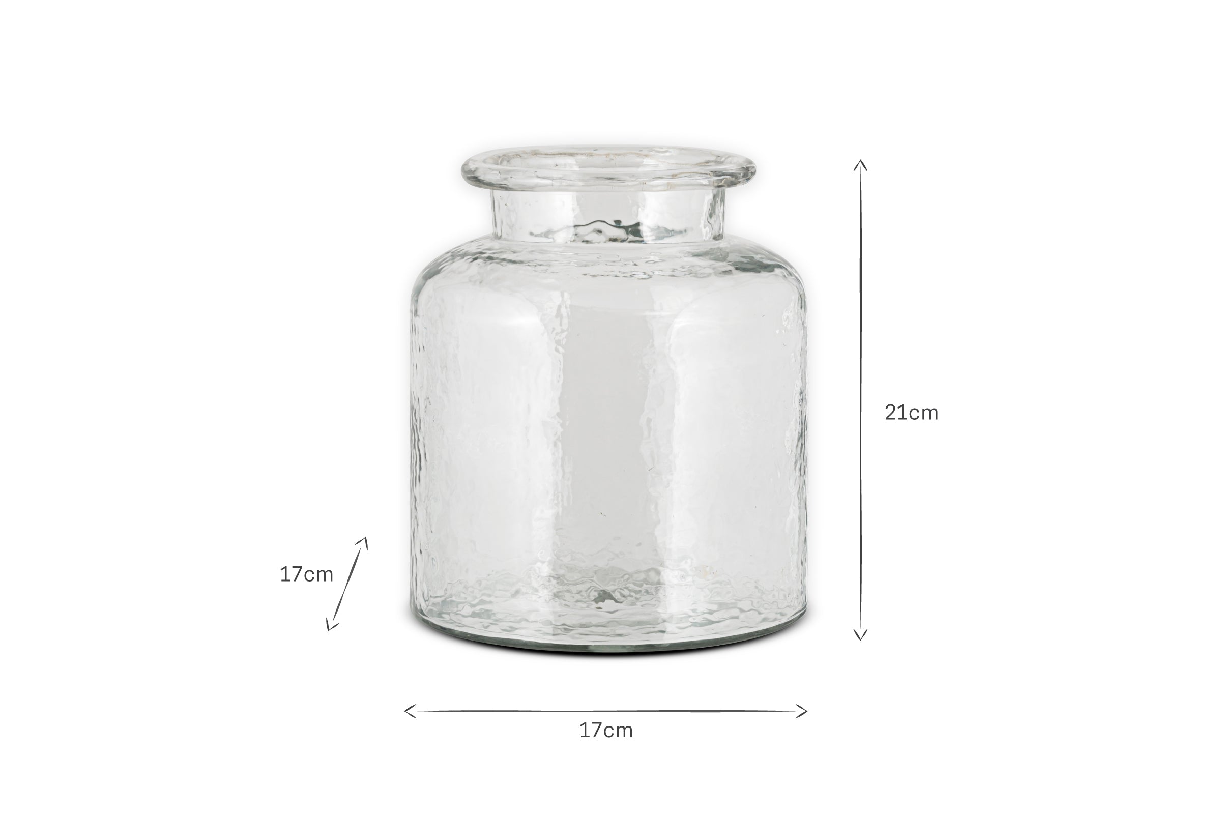 The image shows the nkuku Akra Recycled Glass Vase in clear. This cylindrical vase has a wide mouth, flared rim, and textured surface. Its dimensions are 21 cm high and 17 cm wide and deep. The background is plain white.