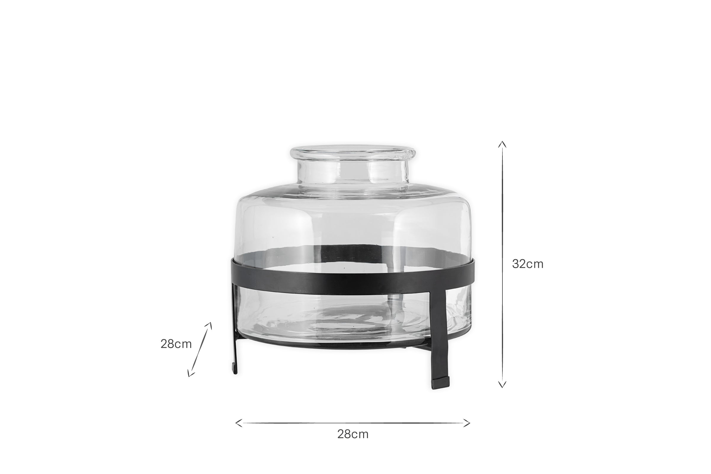 The Akoro Recycled Glass Vase - Clear by nkuku is a cylindrical glass jar (32cm high, 28cm wide) with a wide opening, displayed on a black three-legged metal stand that matches the width and elevates the vase by 28cm.