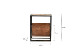 The nkuku Alera Side Table features a 46 cm wide iron frame, wooden top, and a brown leather magazine holder (25 cm high, top edge 36 cm above the base); overall height is 56 cm.