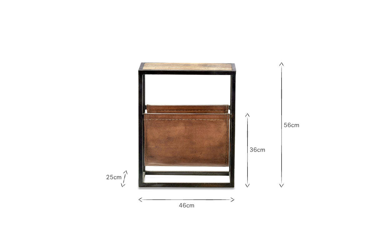 The nkuku Alera Side Table features a 46 cm wide iron frame, wooden top, and a brown leather magazine holder (25 cm high, top edge 36 cm above the base); overall height is 56 cm.