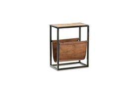 The nkuku Alera Side Table features a black iron frame, a rustic wood top, and two brown leather magazine holders suspended between its legs.