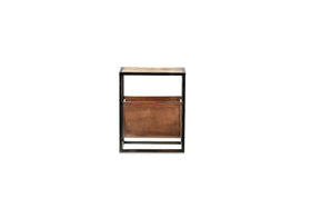 The nkuku Alera Side Table features a narrow, industrial look with a black iron frame, light mango wood top, and a brown leather pocket suspended beneath the shelf.