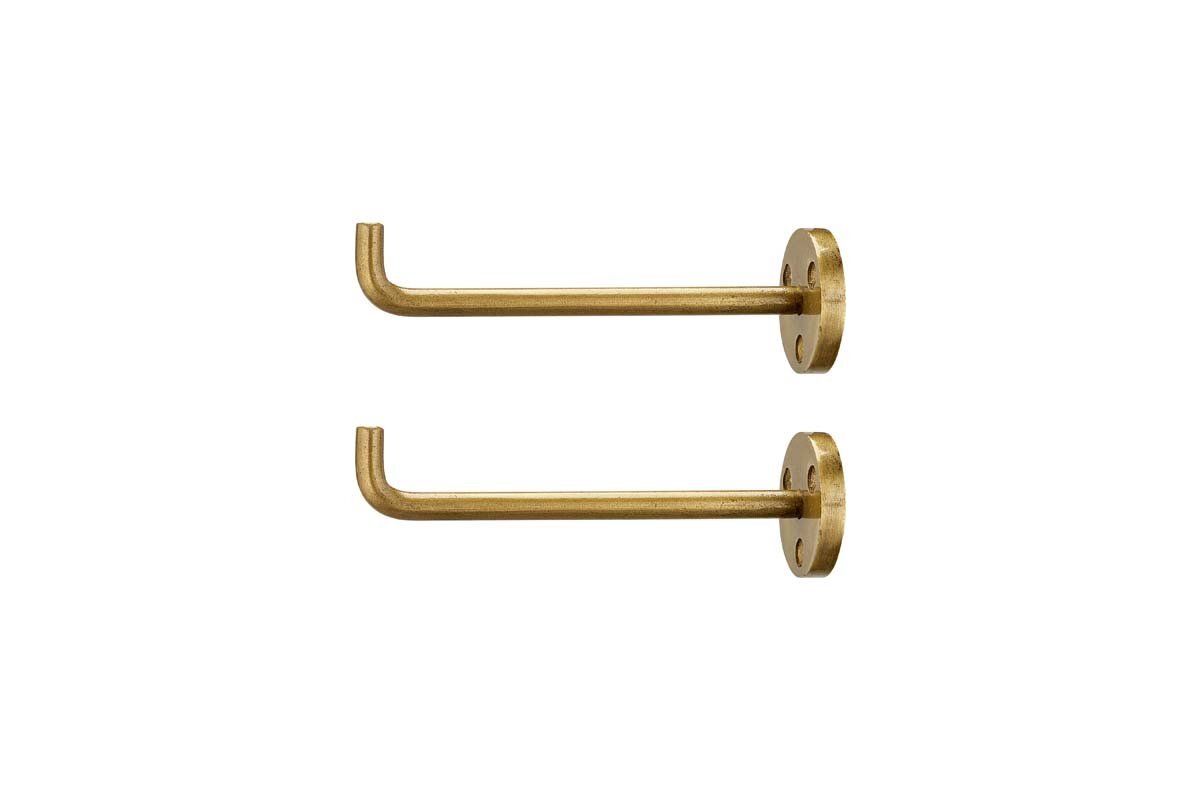 The nkuku Aniko Iron Hook - Brass (Set of 2) features two identical wall-mounted hooks with a round plate, three screw holes, and a straight arm with an upturned end—ideal for stylish wall storage. Shown against a white background.