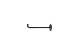 The nkuku Aniko Iron Hook (Set of 2) features a minimalist black metal design with a round base and upward arm, ideal for hanging towels or bags and adding modern style to any space.
