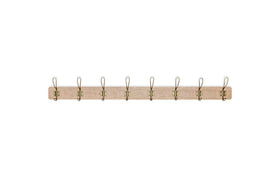 The nkuku Ankita Mango Wood & Iron Hooks - Natural & Antique Brass - Large is a wall-mounted coat rack with artisan design, featuring eight elegant double hooks in antique brass.