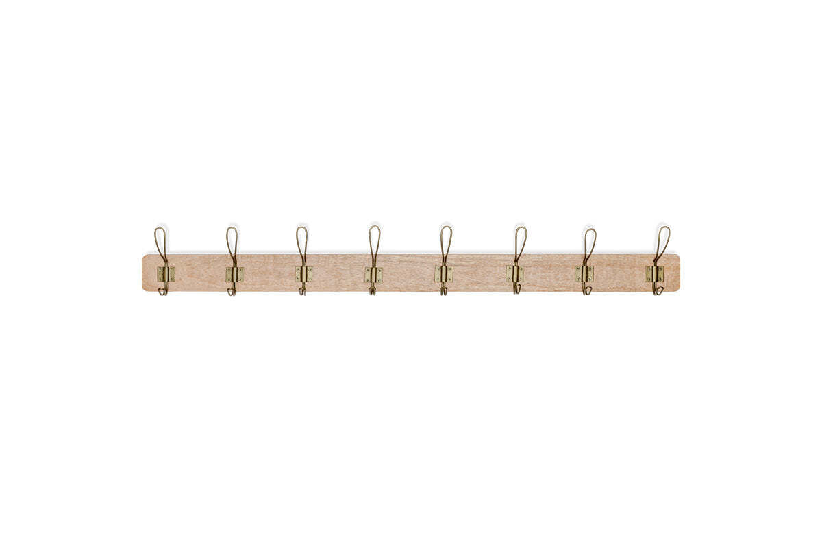 The nkuku Ankita Mango Wood & Iron Hooks - Natural & Antique Brass - Large is a wall-mounted coat rack with artisan design, featuring eight elegant double hooks in antique brass.