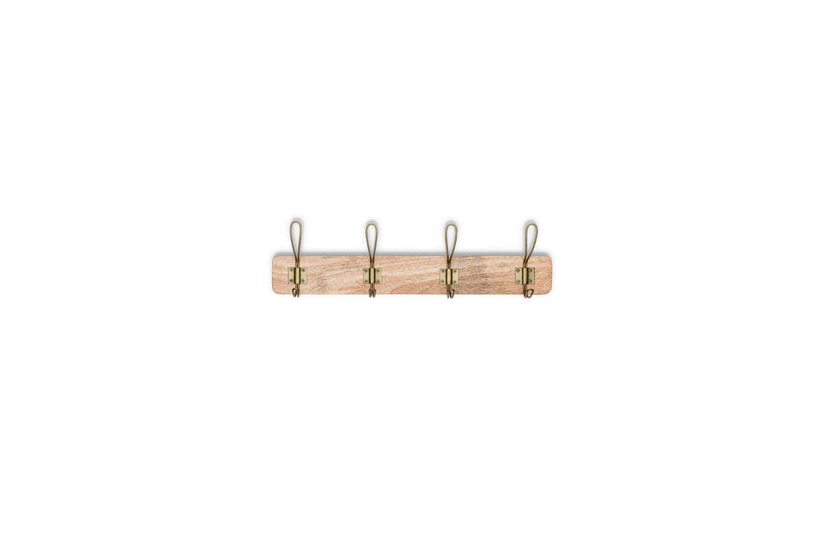 The Ankita Mango Wood & Iron Hooks - Natural & Antique Brass - Small by nkuku features a light-finished mango wood rack with four evenly spaced, curved iron hooks, each secured with two screws. The background is plain white.