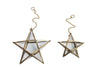 The nkuku Antique Brass Glass Star features two handmade glass and brass t-light holders in gold frames, each hanging by a curved gold chain. The five-pointed stars, one larger than the other, are shown on a white background.