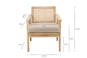 The nkuku Atri Mango Wood & Cane Occasional Chair features a woven rattan back, beige cushion, and sustainable mango wood. Shown front view: height 76.2cm, seat height 36cm, width 65.5cm, depth 70cm, arm height 56cm.