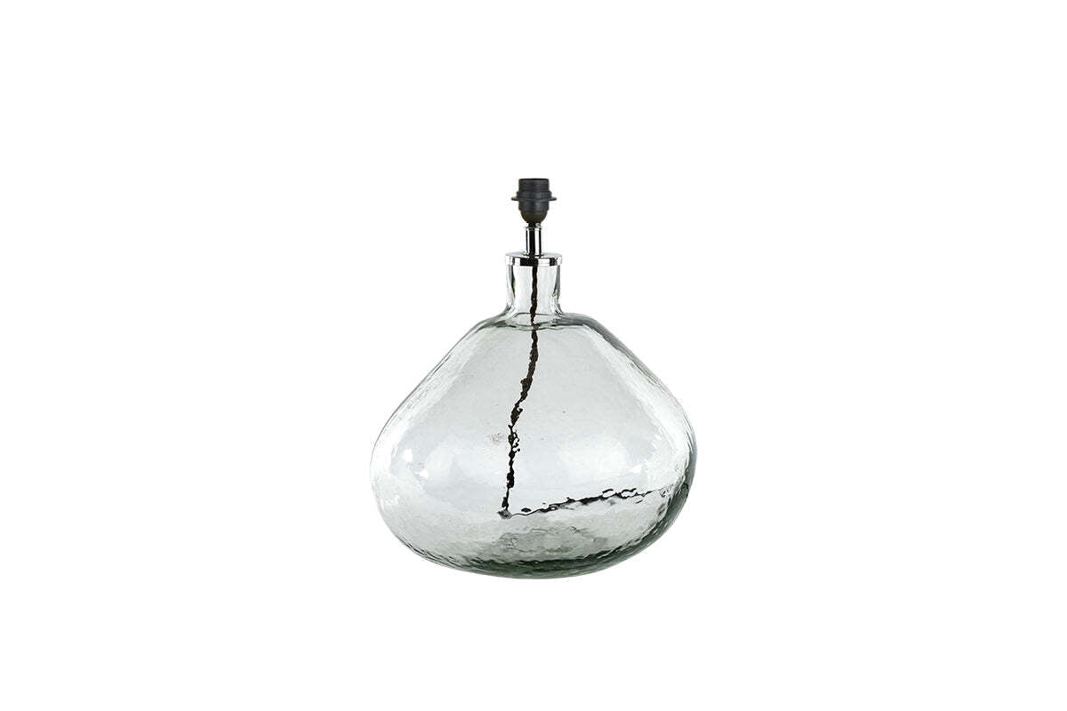The nkuku Baba Recycled Glass Lamp - Clear - Large Wide features a hand-blown, rounded, and textured base made from recycled glass with a metal fitting on top. No bulb or lampshade included. Photographed against a plain white background.