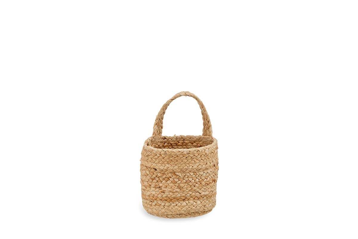 The Chapad Hemp Wide Wall Hung Basket by nkuku is a small, round, braided hemp basket with a sturdy handle. Made from natural light brown fibers, it’s ideal for kitchen storage or as decorative hanging wall art.