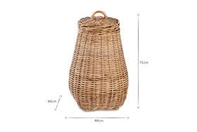 The nkuku Amandi Rattan Laundry Bin, shown on a white background with arrows and dimension labels, is a tall, light brown woven basket with a lid and handle, measuring 71cm high by 44cm wide—perfect for bathroom storage.