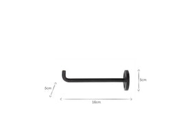 The nkuku Aniko Iron Hook (Set of 2) is shown in black with an L-shaped, wall-mounted design and a round base. On a white background, labeled arrows mark its dimensions: 5 cm high, 5 cm deep, and the horizontal bar is 16 cm long.