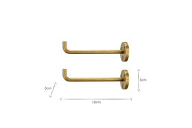 The Aniko Iron Hook - Brass (Set of 2) by nkuku features two 16cm x 5cm brass hooks—perfect for stylish and practical hanging storage in any space.