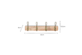 The nkuku Ankita Mango Wood & Iron Hooks (Natural & Antique Brass, Small) features four brass hooks on light mango wood. Shown against a white background; dimensions: 52cm long, 13.5cm high, 8cm deep—ideal for entryways or bedrooms.