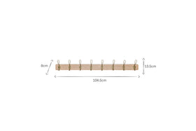 The nkuku Ankita Mango Wood & Iron Hooks - Natural & Antique Brass - Large is a light wood wall-mounted coat rack with eight artisan hooks, measuring 104.5cm long, 13.5cm tall, and hooks extending 8cm.