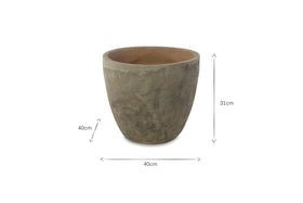 The nkuku Affiti Clay Planter - Medium is a round, grey concrete planter with a tapered base and textured surface, ideal for rustic garden decor. It measures 31 cm high and 40 cm in diameter, shown empty against a plain white background.