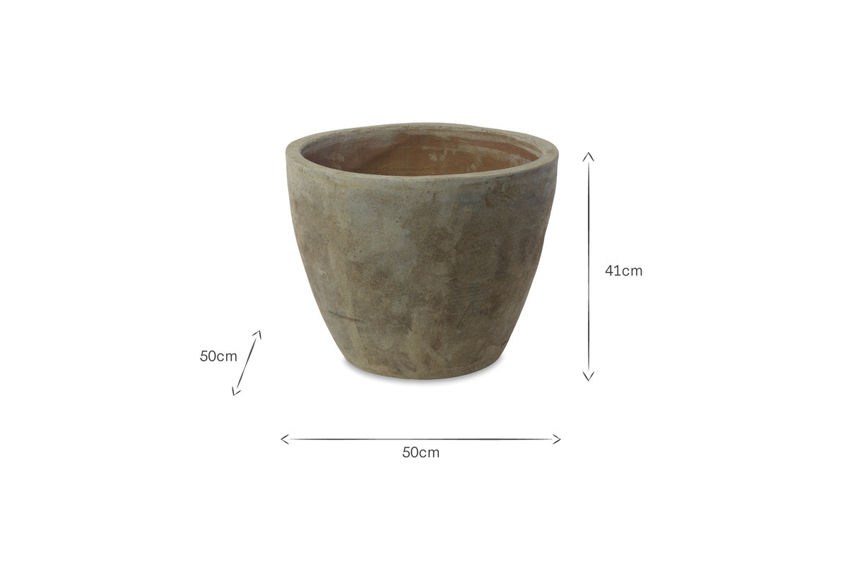 The nkuku Affiti Clay Planter - Medium is a round, rustic brown pot with a wide 50 cm opening and a slightly tapered 41 cm base, shown with labeled dimensions on a white background—ideal for rustic garden decor.