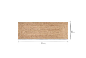 The nkuku Braided Hemp Floor Runner, made from eco-friendly natural fibers, features a rectangular braided design. Displayed flat on a white background, labeled arrows show its 200cm length and 66cm width.