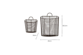 The Inkollu Wall Hung Baskets by nkuku (set of 2) in aged brass are shown. The smaller basket is 24cm tall; the larger is 30.5cm tall and 20cm wide. Both have handles and an open, cylindrical design for wall display.