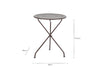 The Jeavika Iron Outdoor Bistro Table by nkuku features a round dark brown metal top with decorative cutouts, three slender curved legs joined at the center, and measures 60cm W x 60cm D x 74.5cm H, shown on a white background.