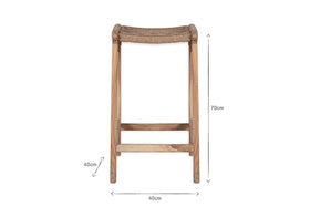 The nkuku Vinay Woven Counter Stool - Natural features a rustic Acacia Wood frame and woven jute seat, measuring 70cm high, 40cm wide, and 40cm deep.