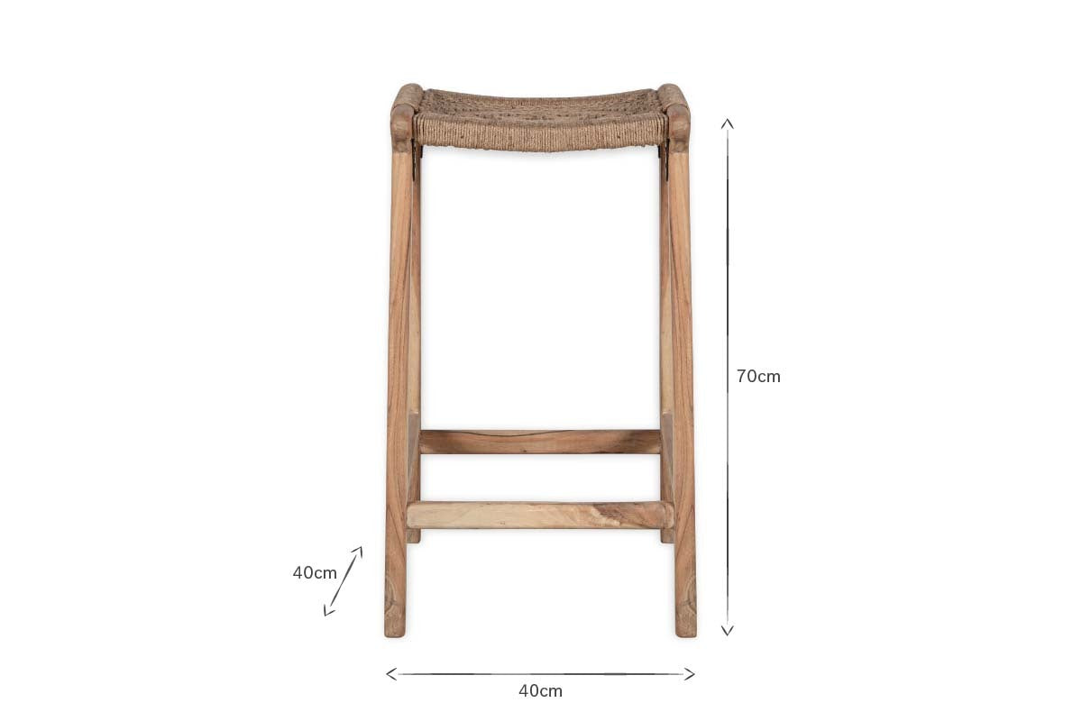 The nkuku Vinay Woven Counter Stool - Natural features a rustic Acacia Wood frame and woven jute seat, measuring 70cm high, 40cm wide, and 40cm deep.