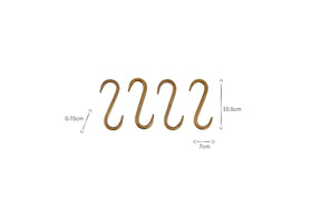 The Laila Iron S-Hooks - Brass (Set of 4) by nkuku feature a traditional design with dimensions: 10.5cm high, 7cm wide, and a 0.75cm hook opening—perfect for iron hanging rails.