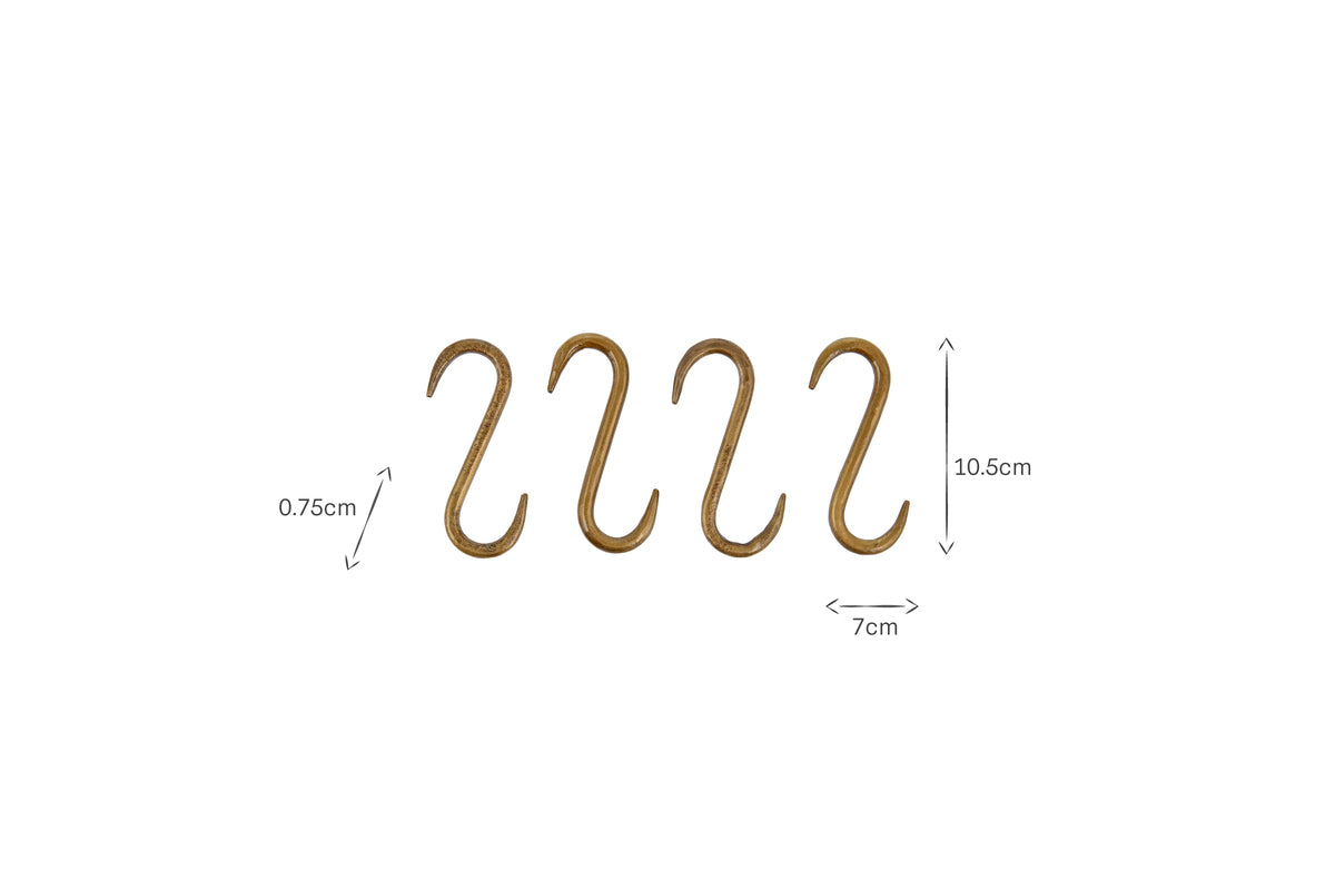 The Laila Iron S-Hooks - Brass (Set of 4) by nkuku feature a traditional design with dimensions: 10.5cm high, 7cm wide, and a 0.75cm hook opening—perfect for iron hanging rails.