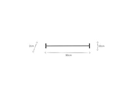 A simple diagram displays the nkuku Laila Hanging Rail - Iron: a 90cm-long black handmade steel rail with vertical ends, each 10cm tall and 2cm wide. Arrows and labels indicate dimensions on this sleek storage piece against a white background.