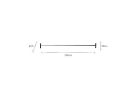 The nkuku Laila Hanging Rail – Iron is a horizontal black handmade steel rail, 120 cm long, with perpendicular black end caps (2 cm tall left, 10 cm right), shown with arrows indicating measurements on a plain white background.