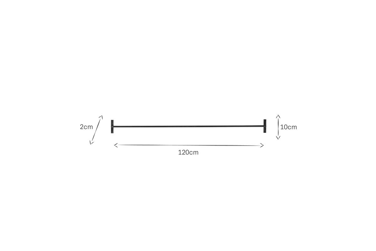 The nkuku Laila Hanging Rail – Iron is a horizontal black handmade steel rail, 120 cm long, with perpendicular black end caps (2 cm tall left, 10 cm right), shown with arrows indicating measurements on a plain white background.