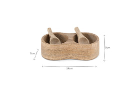 The nkuku Milaku Mango Wood Salt & Pepper Server - Natural features two round compartments with wooden scoops. Sized at 14cm x 7cm x 5cm, measurements are shown with arrows on the image.