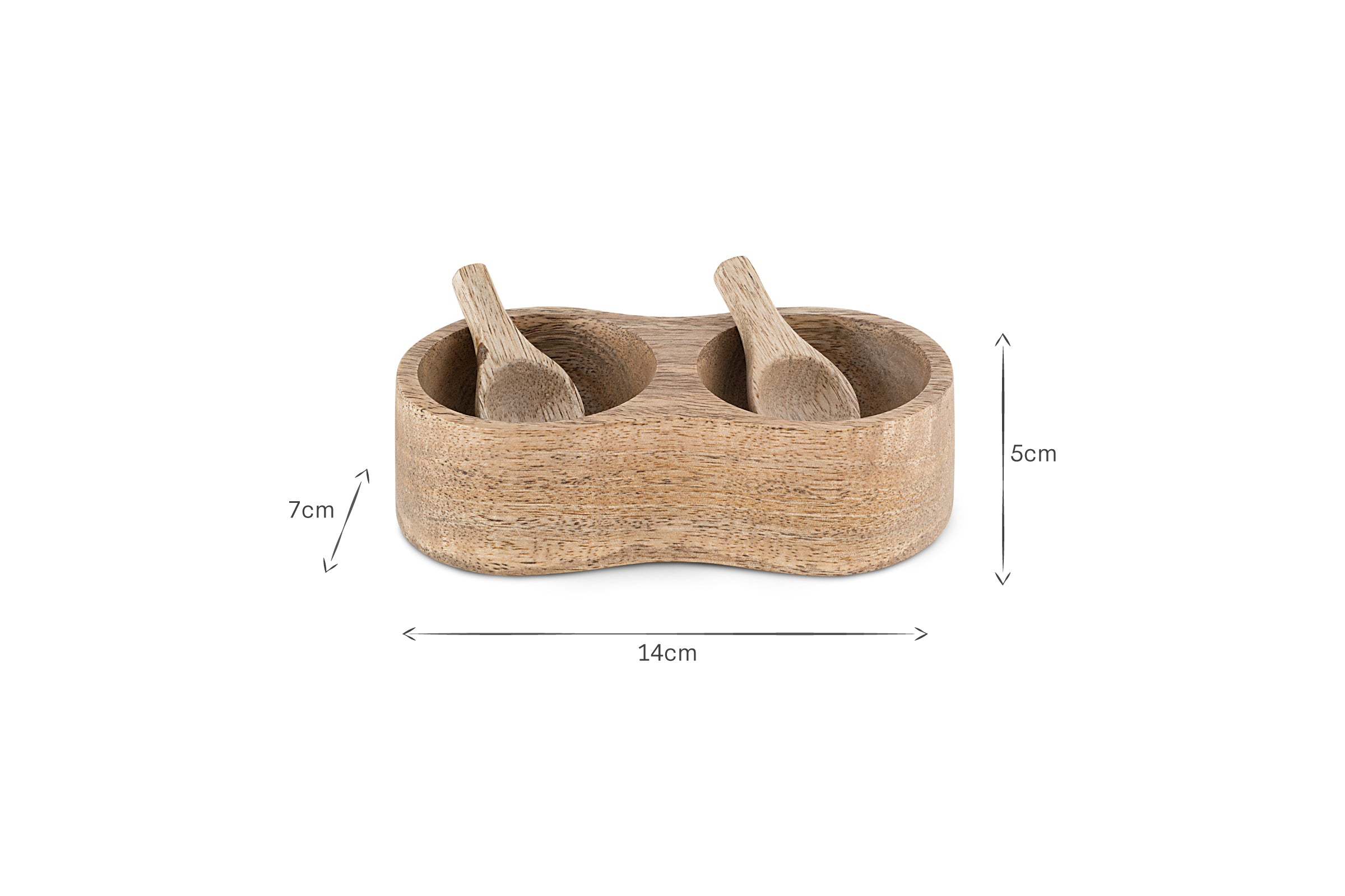 The nkuku Milaku Mango Wood Salt & Pepper Server - Natural features two round compartments with wooden scoops. Sized at 14cm x 7cm x 5cm, measurements are shown with arrows on the image.