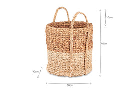 The nkuku Nkomi Basket is a woven, two-tone storage basket with handles, measuring 40cm tall. Inspired by traditional Nkomi baskets, it features a medium brown top and light beige bottom. Handles extend 10cm above the rim.