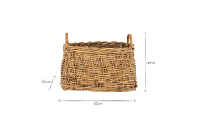 The Netra Rattan Basket - Natural by nkuku is a rectangular wicker basket with two handles, measuring 36 cm tall, 32 cm deep, and 50 cm wide. It features a natural woven texture and is shown against a plain white background.